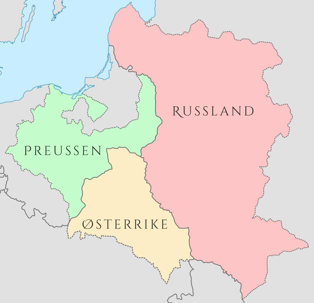 Enkelt kart over polske områder tidligere fordelt på Preussen, Østerrike og Russland