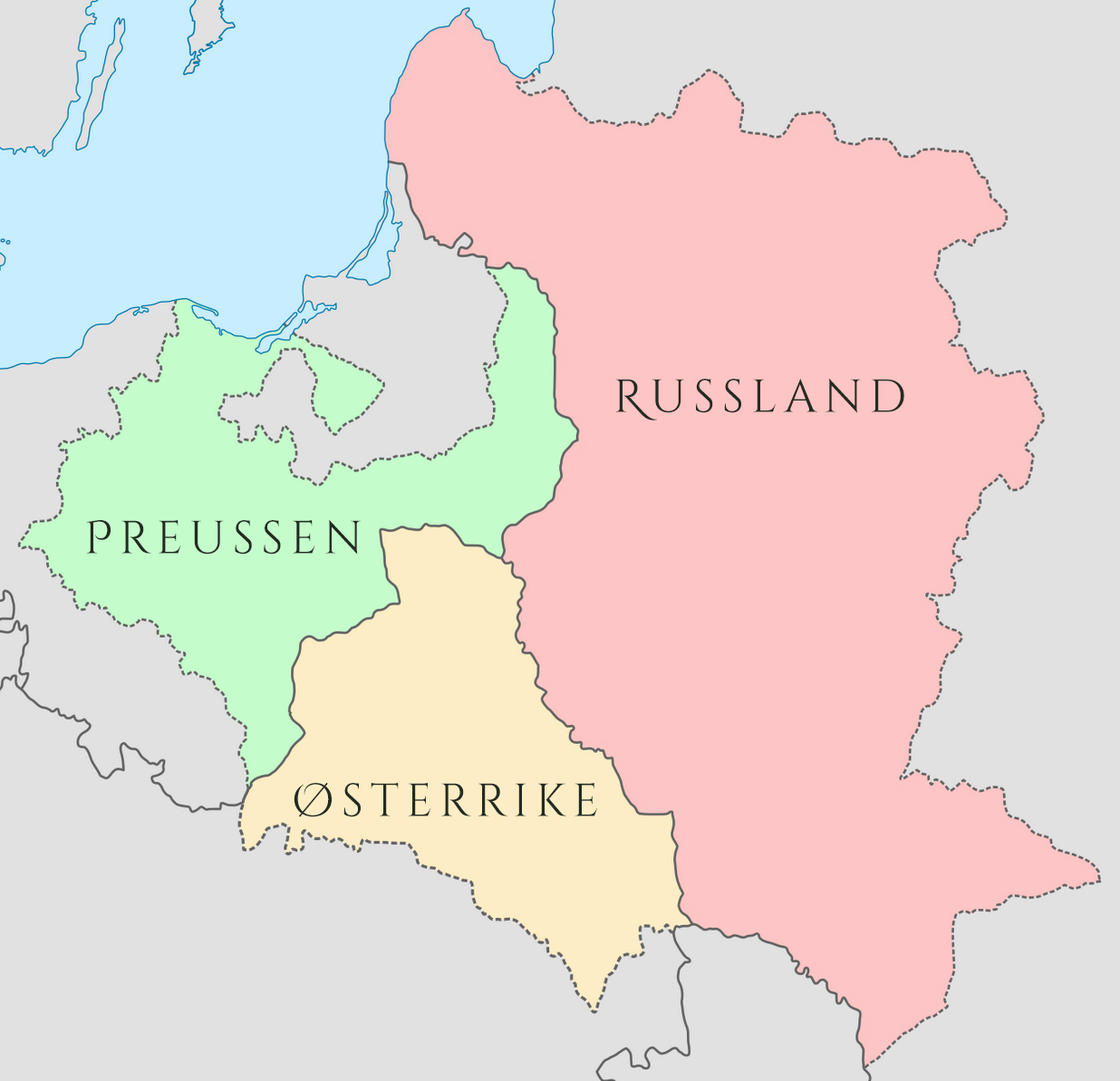 Enkelt kart over polske områder tidligere fordelt på Preussen, Østerrike og Russland