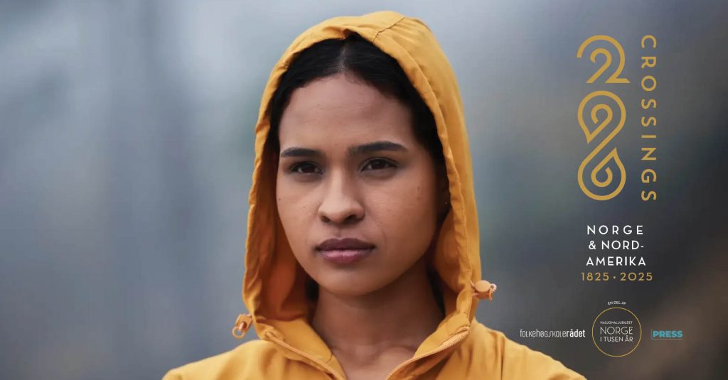 Foto av ung kvinne, med teksten "Crossings 200 - Norge & Nord-Amerika 1825-2025"