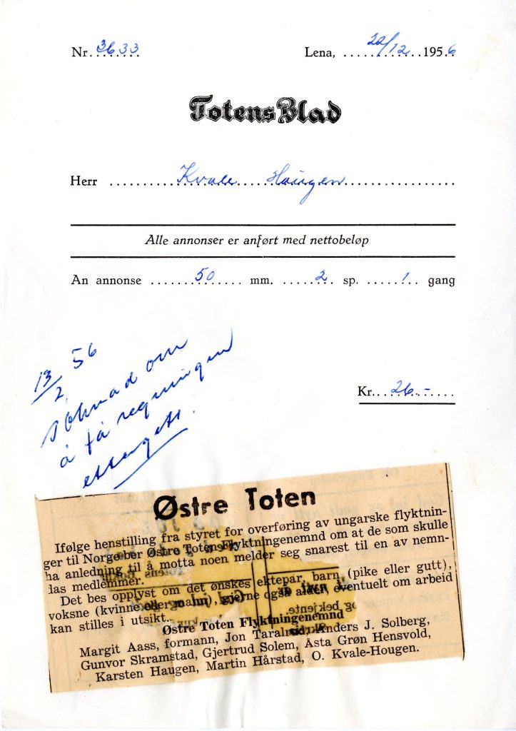 Skann av en kvittering for avisannonse i Totens blad, med håndskreven påskrift "søknad om å få regningen ettergitt"