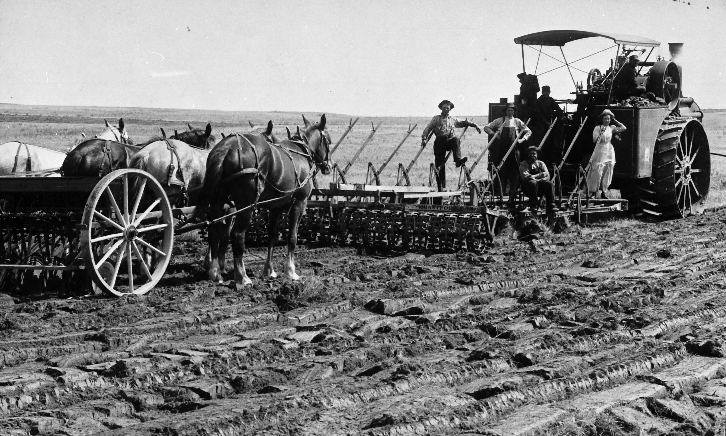 Svart-hvittfoto av jordbruksarbeid, med fire hester, flere mennesker, harv og damptraktor